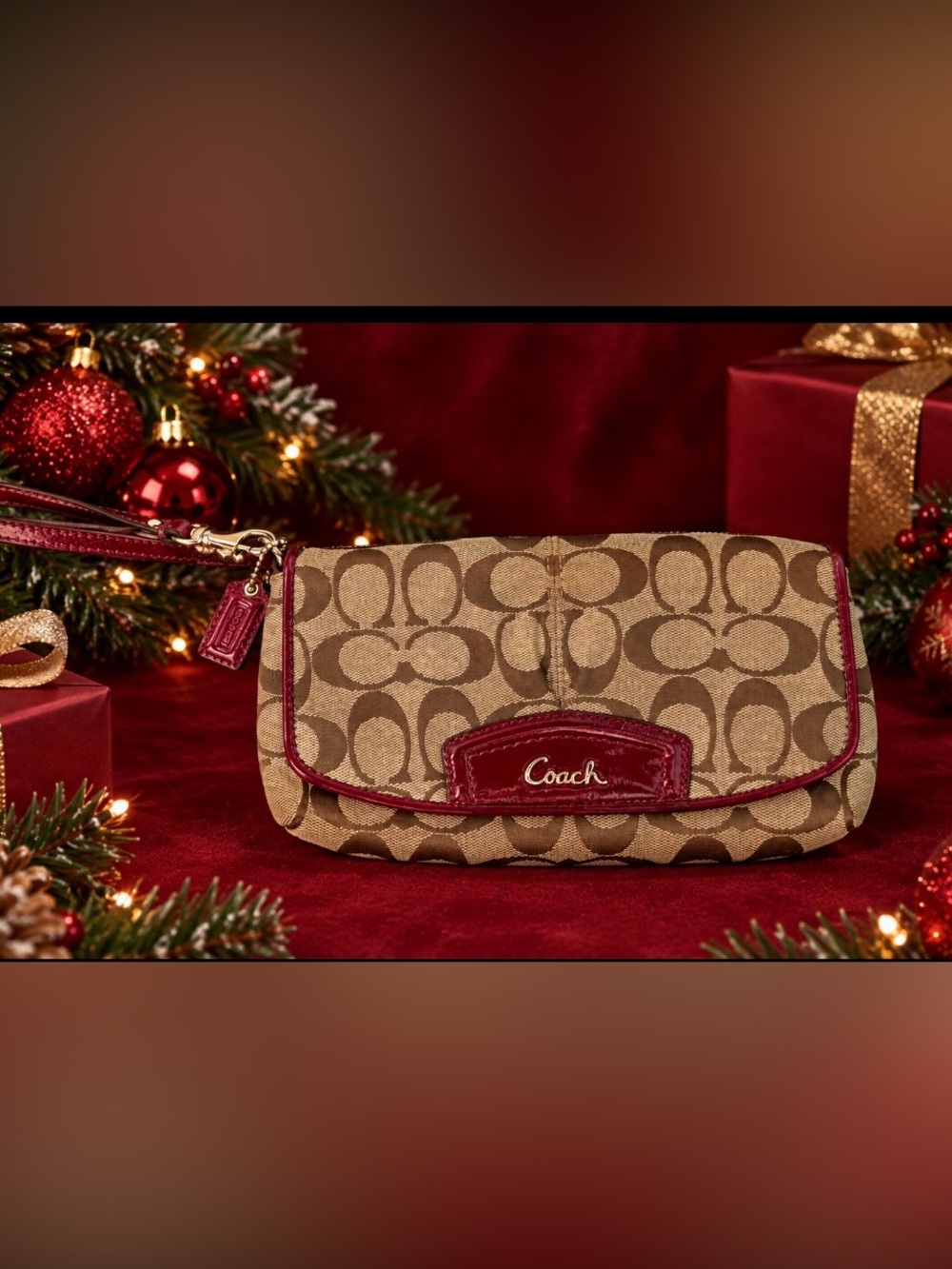 Coach Brown Signature Canvas bag with Red Trim EUC